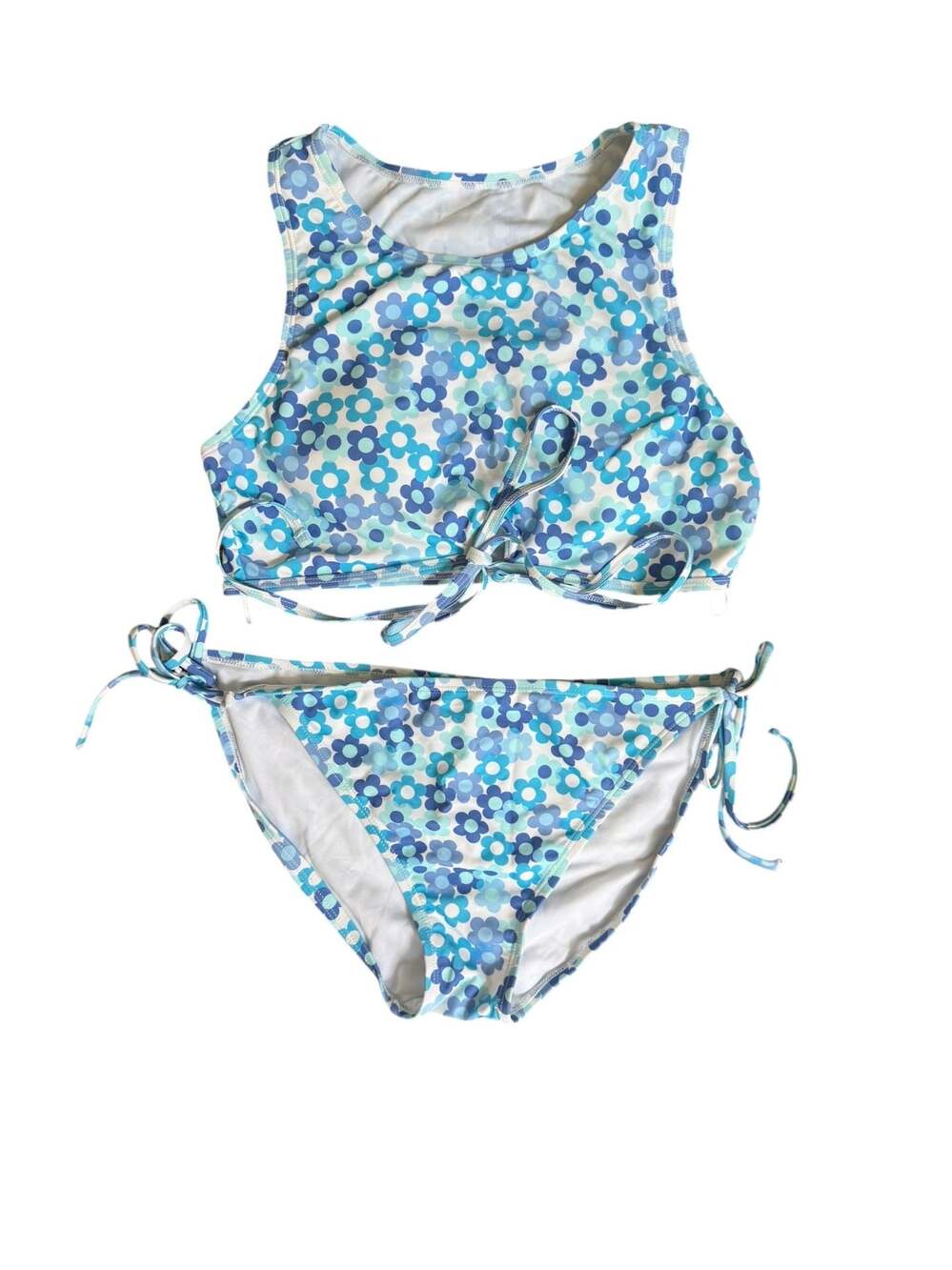 Ninety-Nine Juniors Blue Floral Daisy Print High-Neck Bikini Set